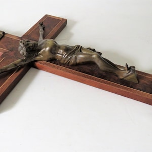 Antique French Holy Water Font: Bronze Benitier with Rosewood Cross