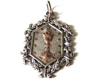 Antique French Silver First Communion Pendant 1899, First Communion Pendant 1899