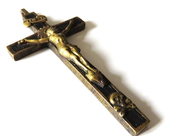 Antique French Ebony Brass Crucifix, Pectoral Crucifix, Clergy Crucifix, Crucifix 3.5"