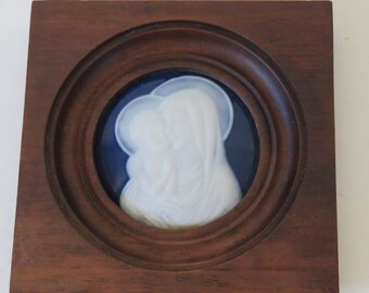 Vintage French Blue White Porcelain Virgin Mother & Child in Wood Frame
