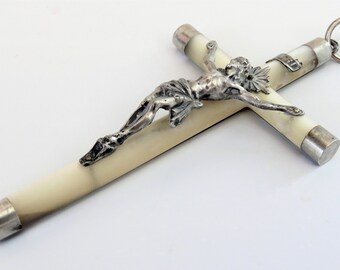 Antique French Mother Of Pearl And Silver Crucifix, Mother Of Pearl Crucifix 3.75"