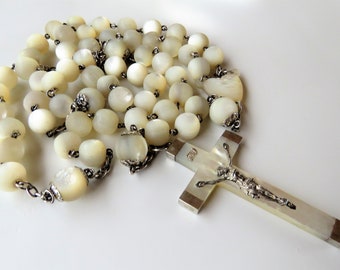 Antique French Large Mother Of Pearl And Silver Rosary, Rare Long Rosary