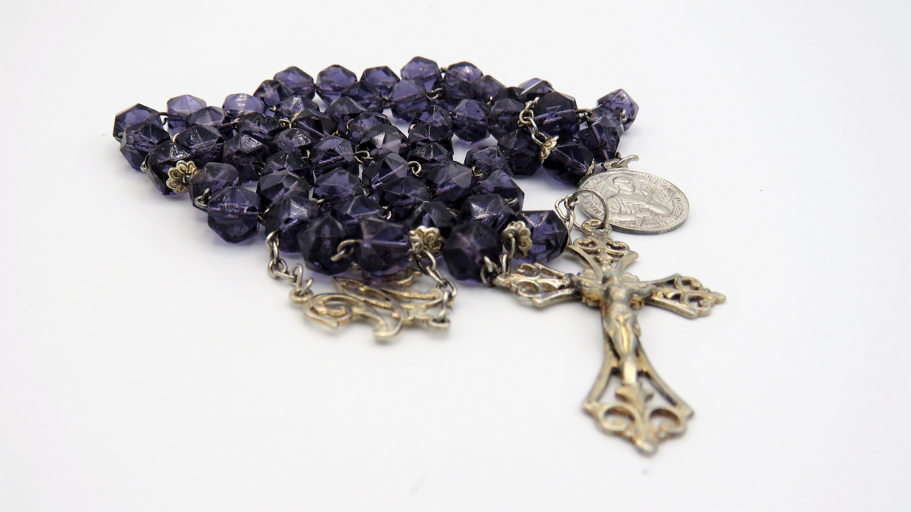 Rosaire Français Antique, Perles de Rosaire Français, d'argent, Violet, Sainte Gérard Majella