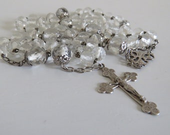 Antique French Crystal And Silver Rosary, Antique French Rosary 68.5cm