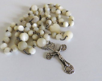 Antique French Mother Of Pearl and Hallmarked Silver Rosary, Antique Long Rosary, Wedding Rosary 67cm