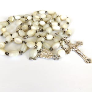 Antique French Mother of Pearl Rosary: Sterling Silver, Large Beads, 94cm