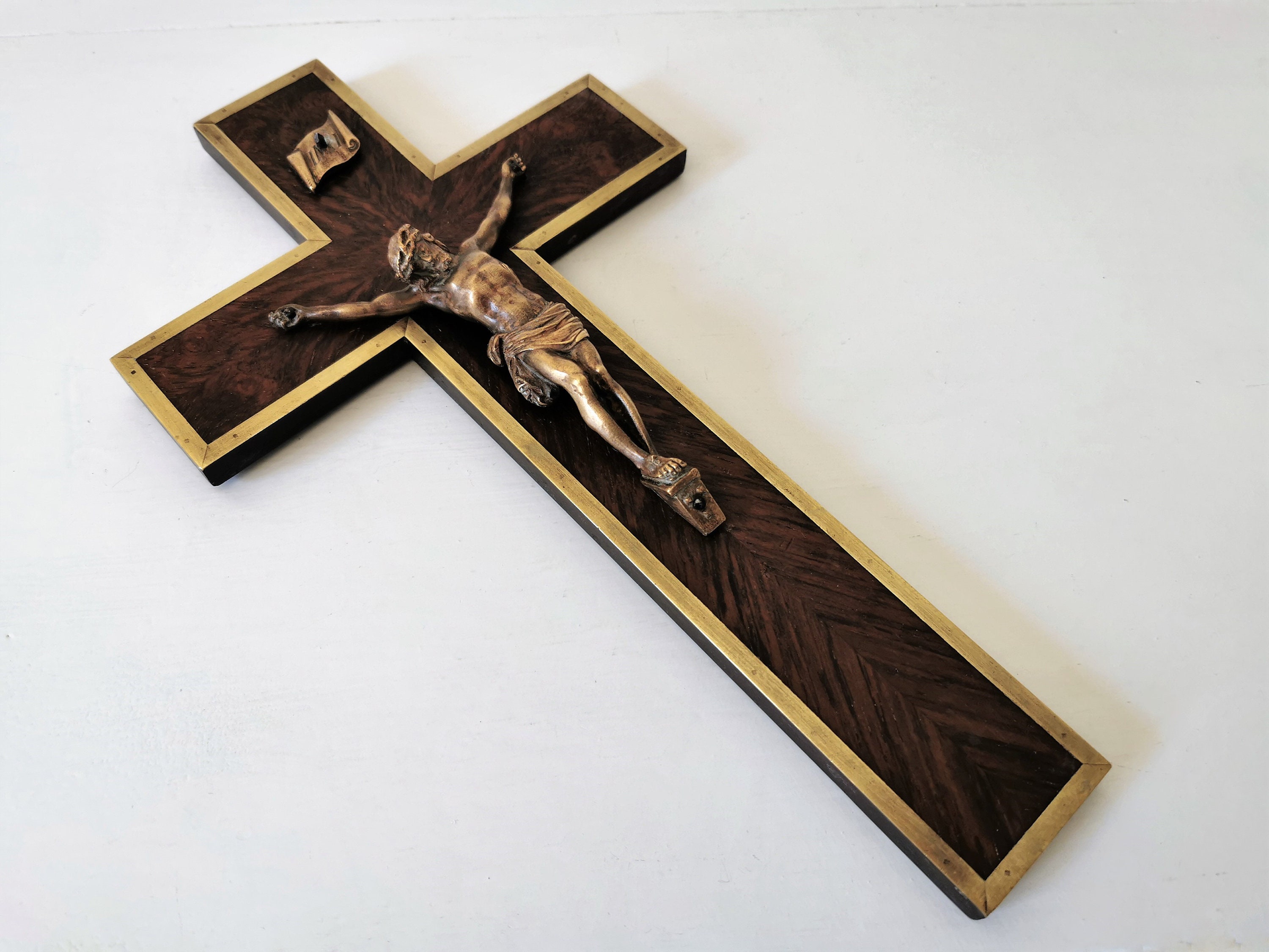 Crucifix Antique Français, Crucifix Mural Antique, Affiche Signée Crucifix en Palissandre