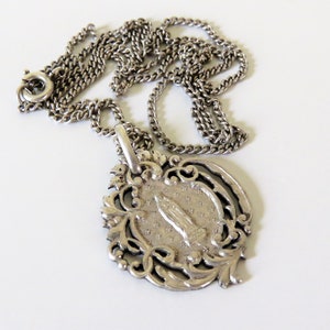 Antique French Lourdes Silver Pendant Necklace: Religious Souvenir