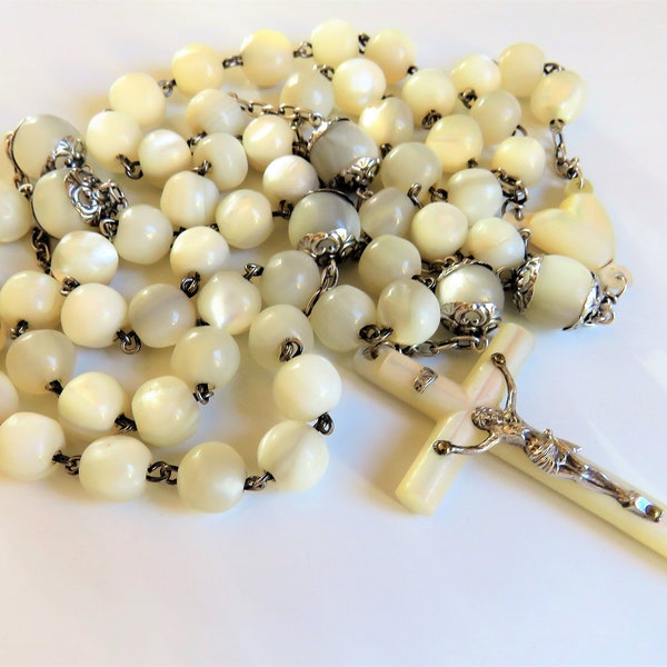 Antique French Mother Of Pearl Rosary, French Silver Rosary, Mother Of Pearl Rosary 76cm