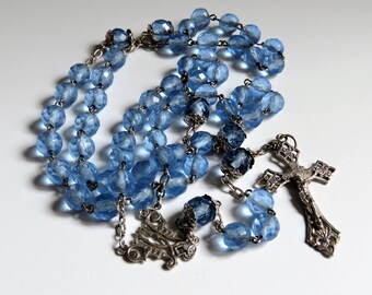 Antique French Crystal Silver Blue Rosary, Art Nouveau French Crystal Rosary