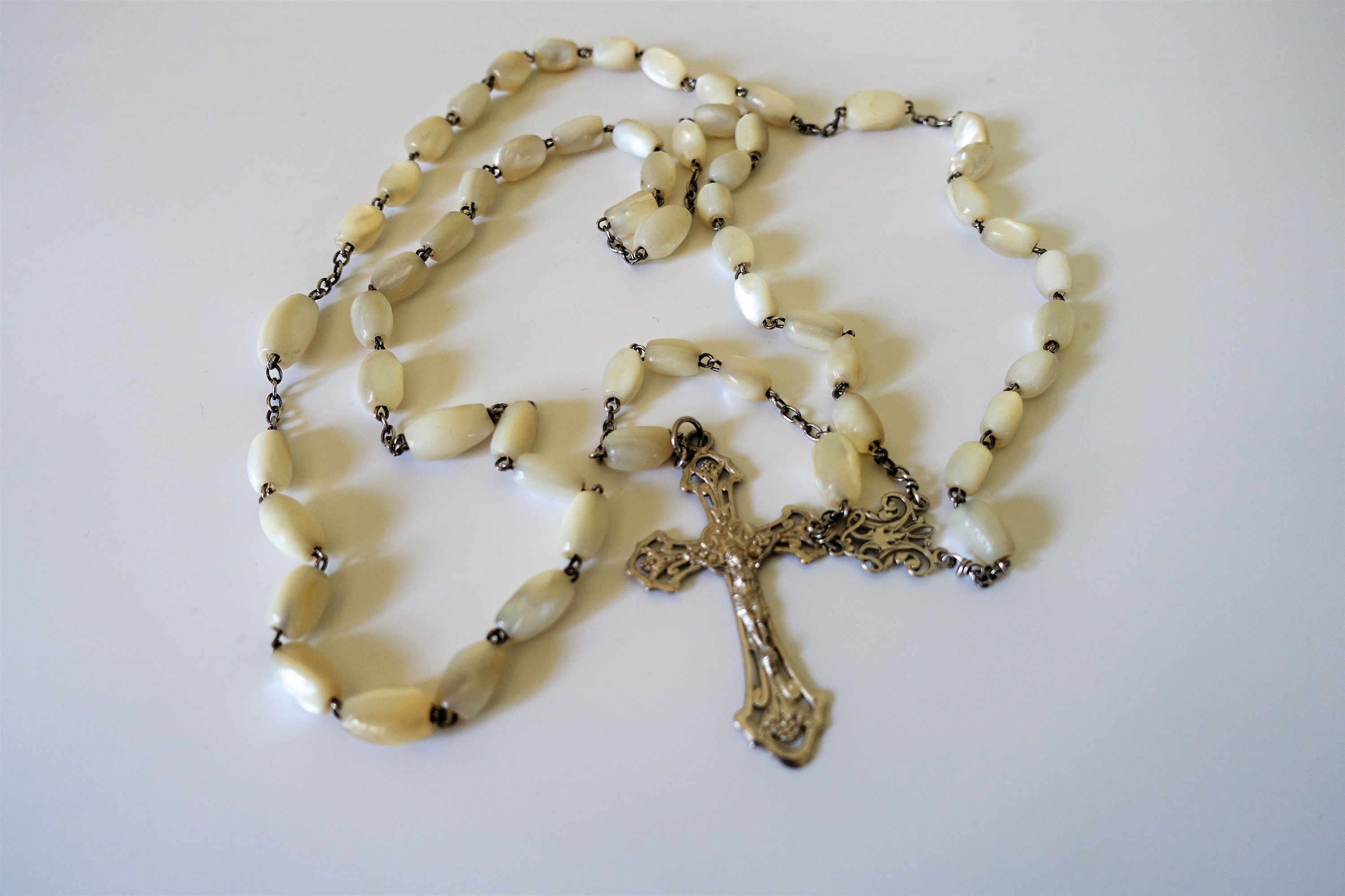 Ancien Français Grand Rosaire Blanc 81cm, Rosare de Nacre et d'argent, Antique Perles de Français