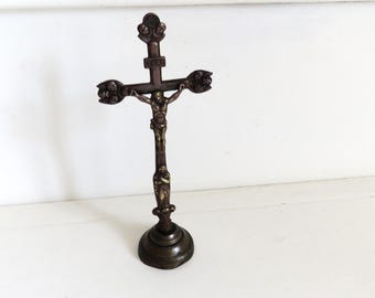 Antique French Bronze Mission Crucifix, Standing Cross Souvenir of Mission