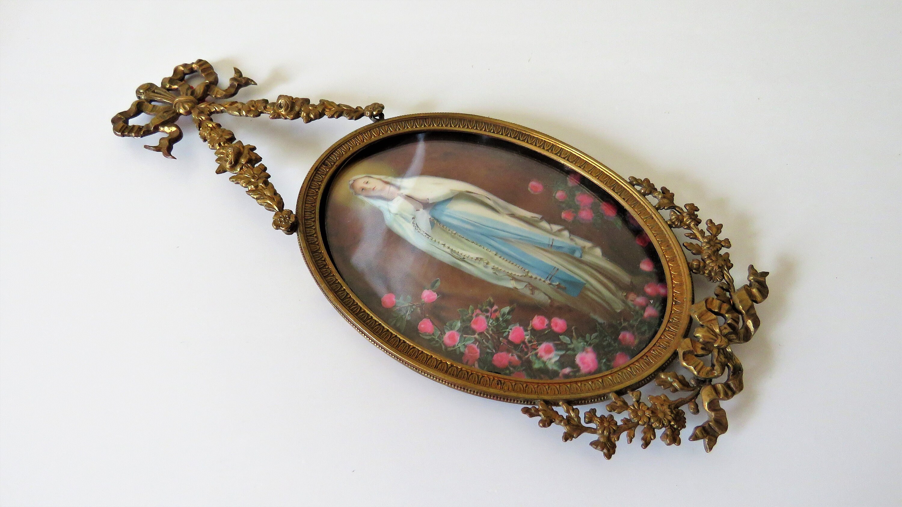 Ancien Français Cadre Ovale Doré Vierge Marie, Suspendu Antique