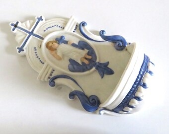 Vintage French Porcelain Benitier Holy Water Font, French Holy Water Font, First Communion Benitier