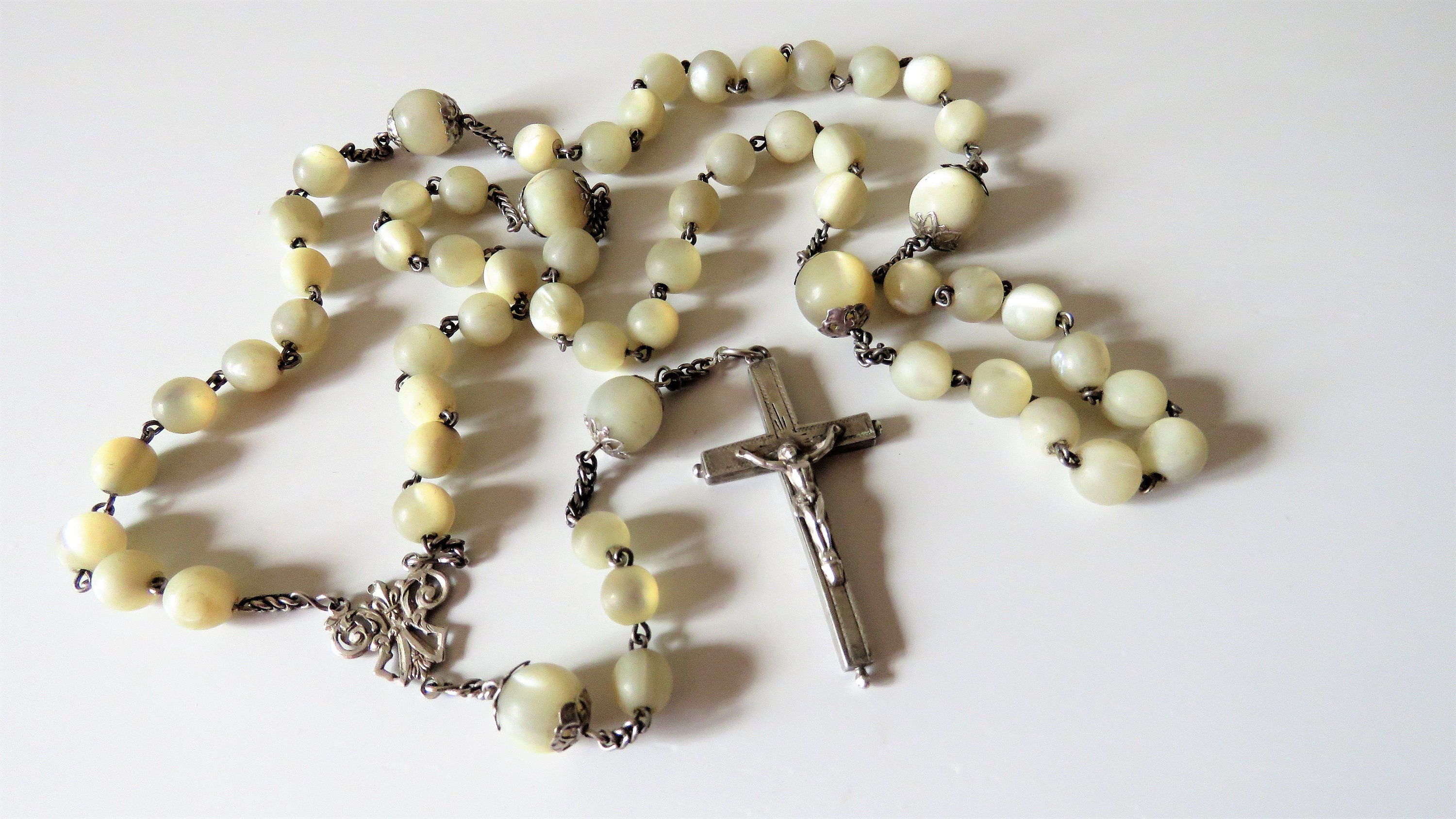 Rosarège Antique Français Nacre et Argent, Rosaire Reliquaire 27 ou 68, 5cm de Circonférence