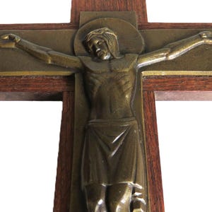 Antique French Bronze Crucifix: Signed S. Dermigny, Wood Cross