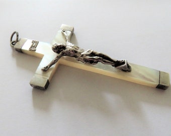 Antique French Crucifix, Mother Of Pearl Crucifix, French Silver Crucifix, 3.3/8"