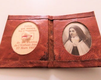 Antique French Cloth Relic St. Theresa, Leather Booklet Relic St Therese, French Reliquary