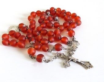 Stunning Antique French Matt Cornelian And Silver Rosary, Antique Cornelian Rosary