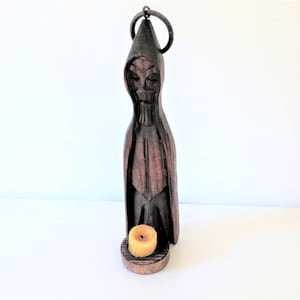 Antique French Wooden Candle Holder – Gothic Monk Wall Sconce with Iron Ring