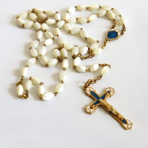 Vintage French Rosary: Mother of Pearl Beads, Blue Enamel Crucifix