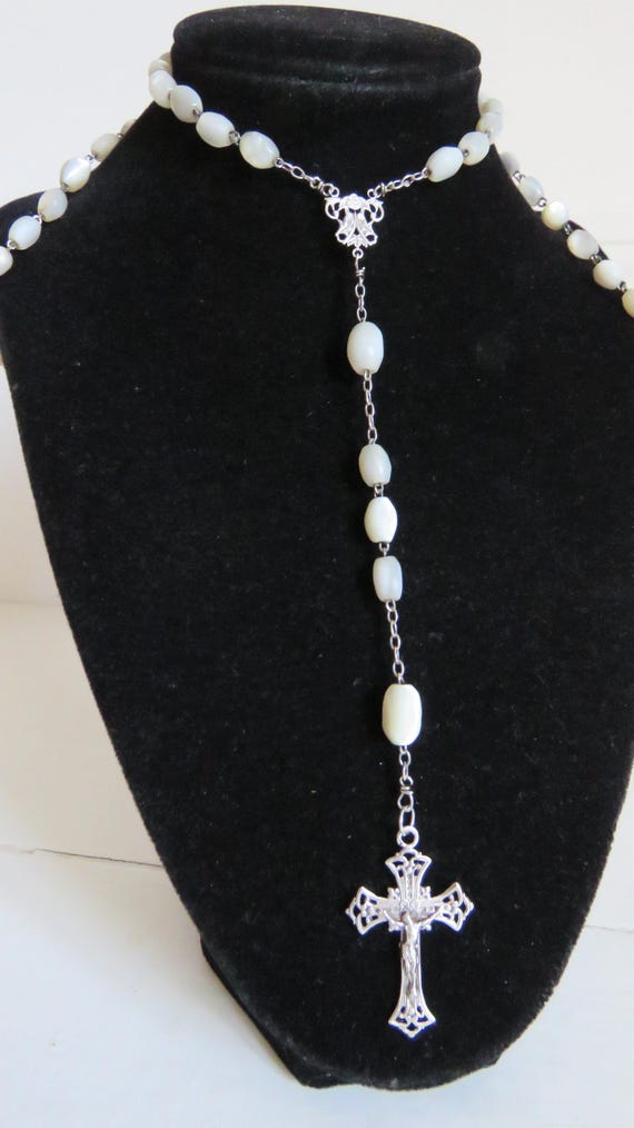 アンティークフランス製マザーオブパールシルバーロザリオ：天使の