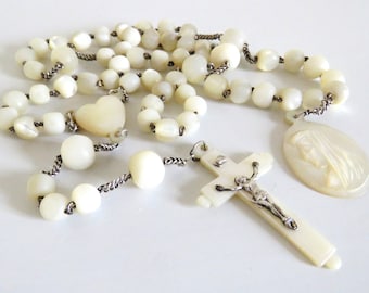 Antique French Mother Of Pearl First Communion Rosary, Rare Mother Of Pearl Rosary