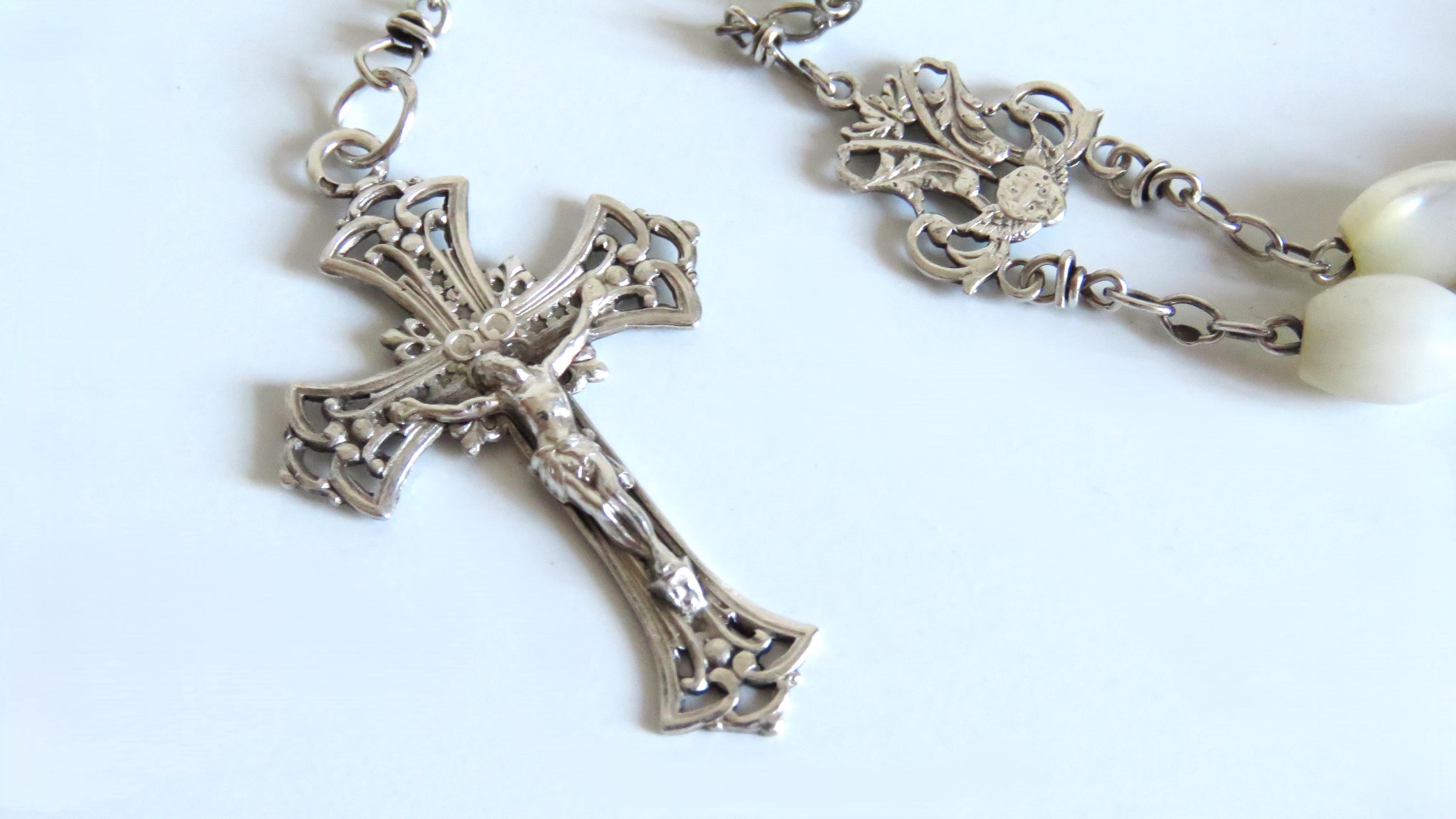 アンティークフランス製マザーオブパールシルバーロザリオ：天使の