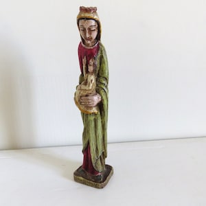 Vintage French Carved Wood Polychrome Virgin Mary and Child Statue
