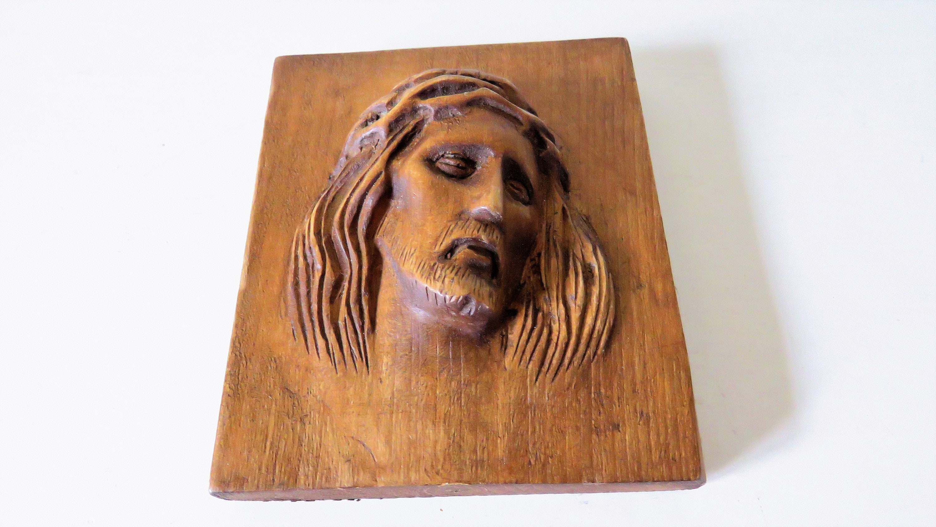 Vintage Français Sculpture à La Main Buste en Bois Du Christ, Jésus Sculpté Relief