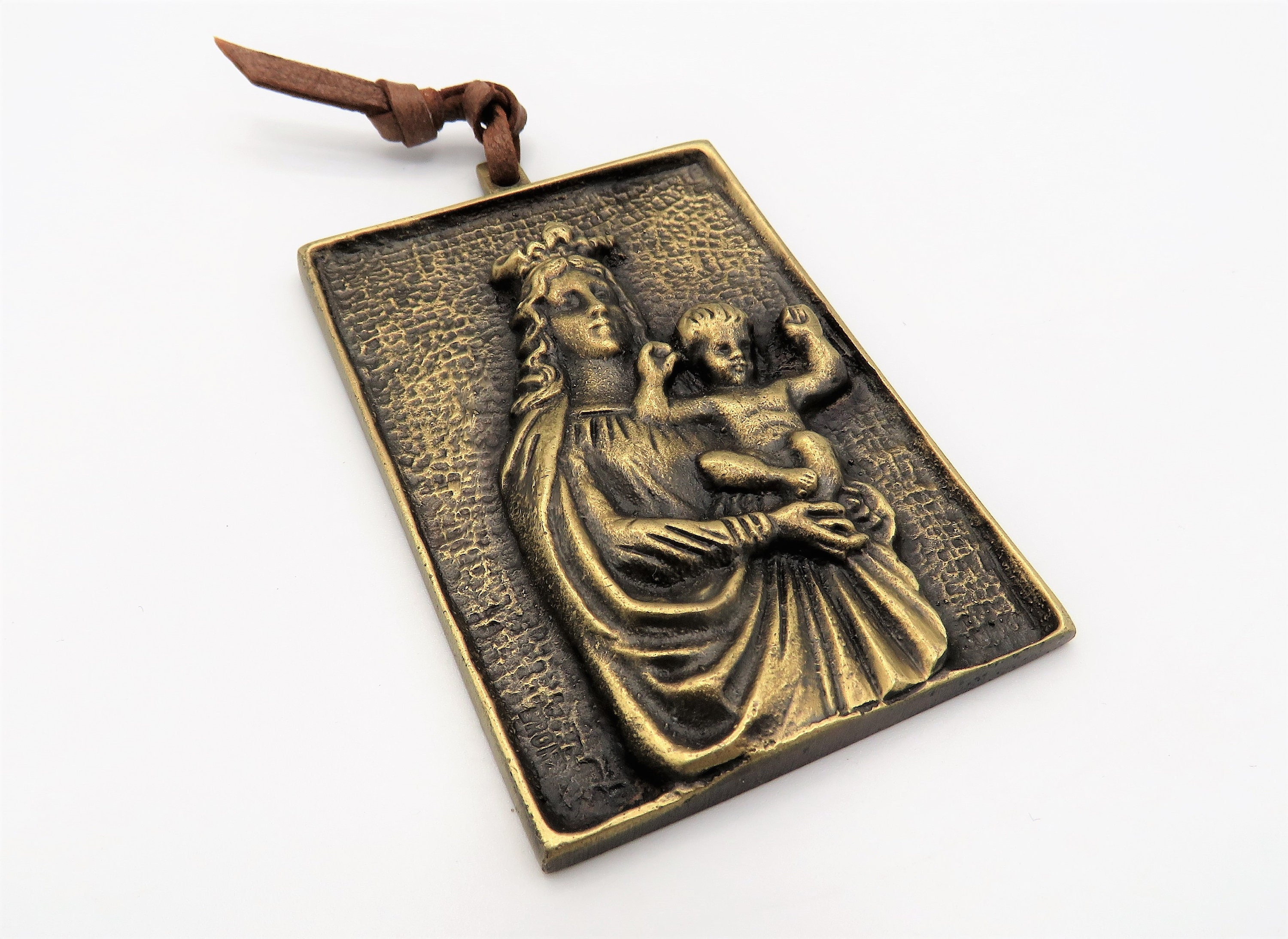 Vintage Français Bronze Crib Protector, Virgin Mother &child Pendentif, Cradle Pendentif