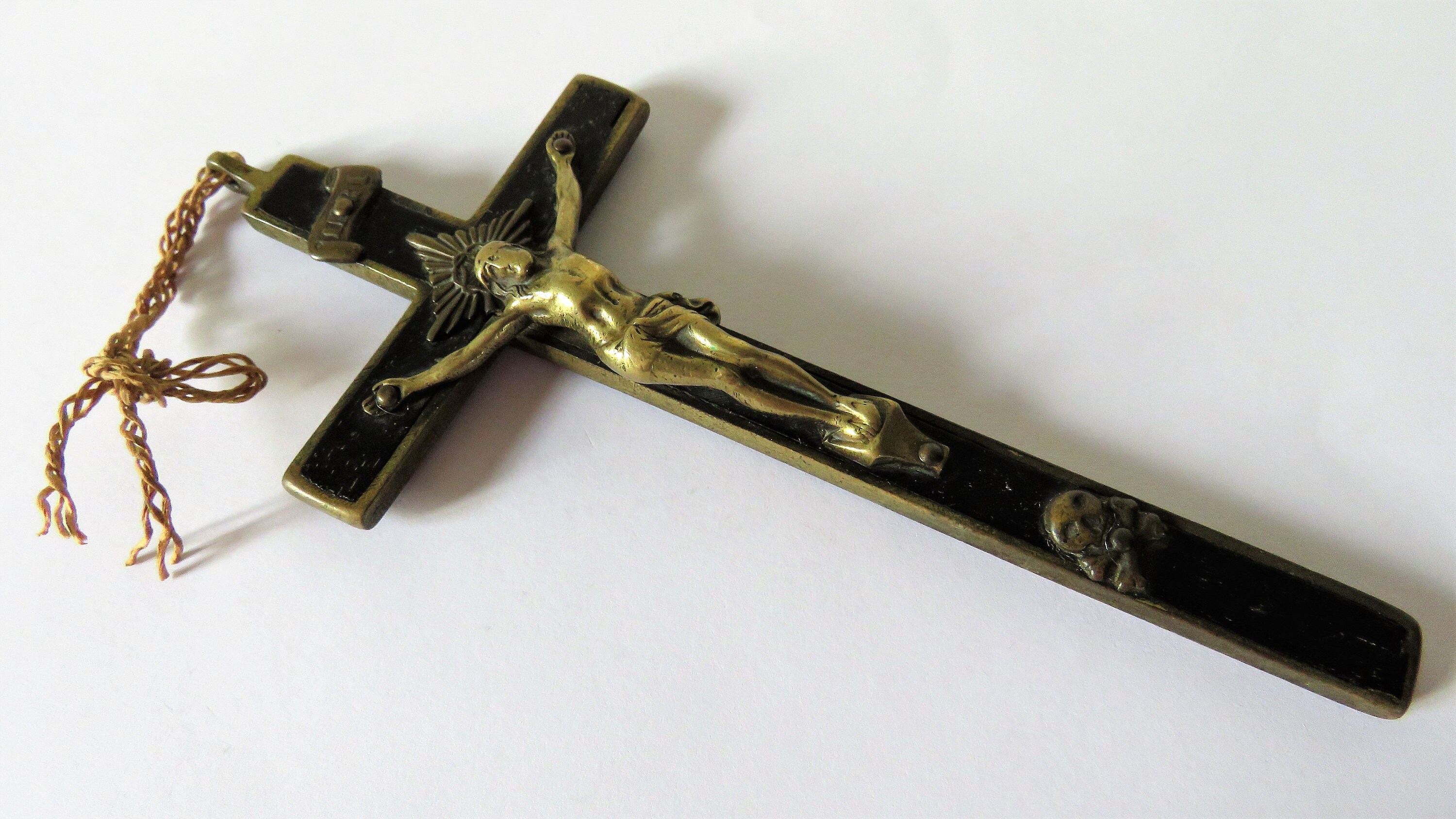 Crucifix Antique en Bronze Français Ébène, Crucifix Du Clergé