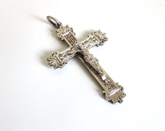 Antique French Silver Crucifix: Engraved Religious Pendant, 1894
