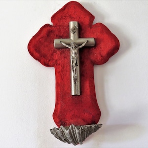 Antique French Red Velvet Benitier: Holy Water Stoup, Circa 1850-1900