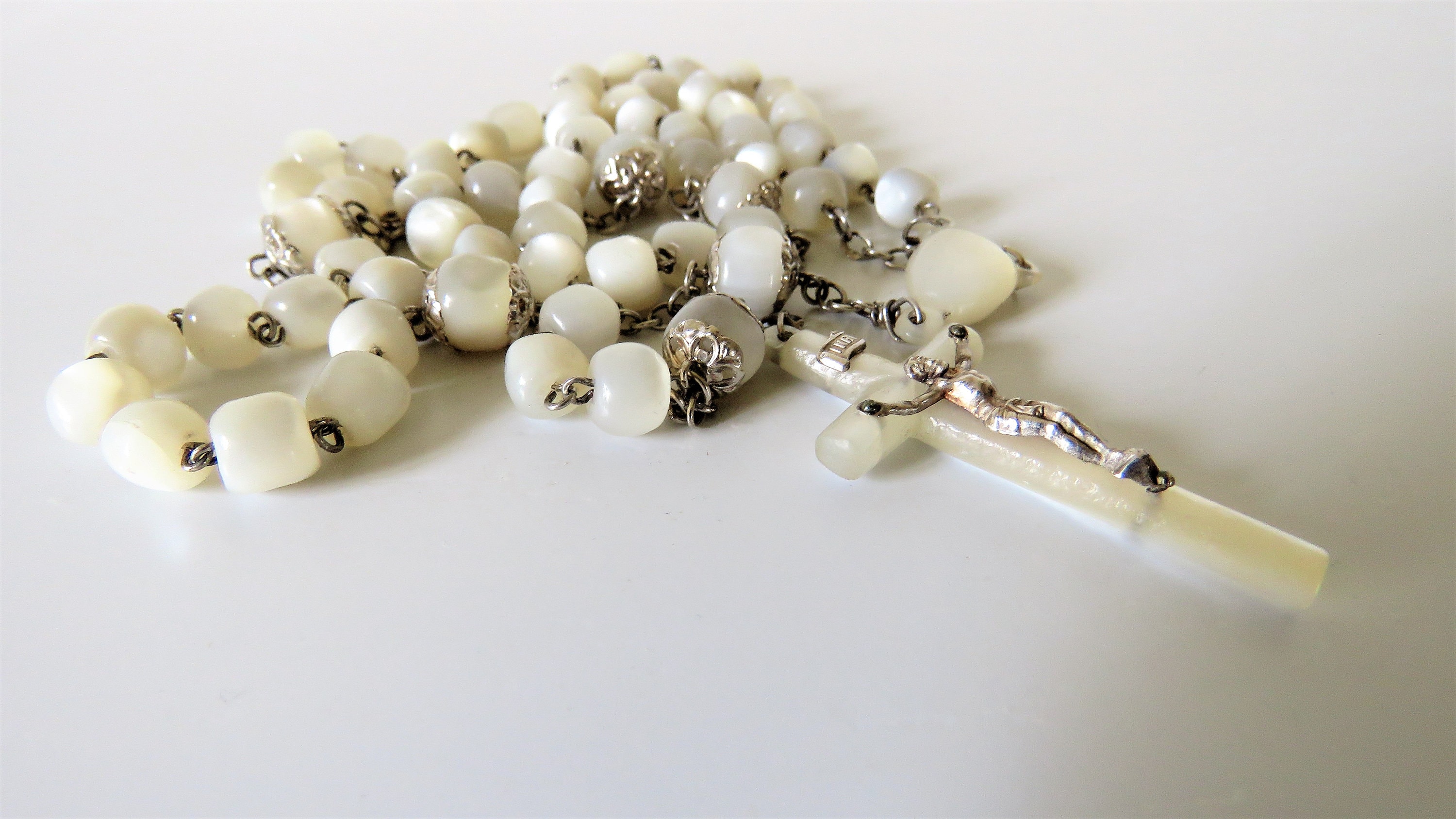 Perles de Rosaire Français Antiques, Chapelet Nacre, d'argent, d'argent Poinçonné, Mariage Blanc, 57