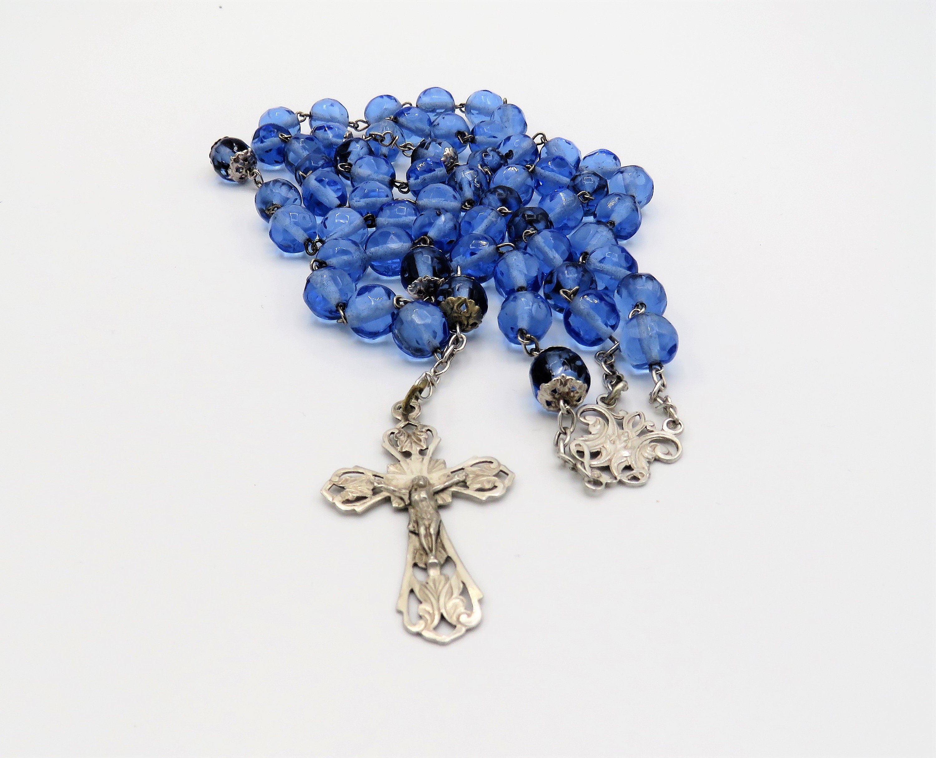 Rosaire Antique Français en Cristal Bleu