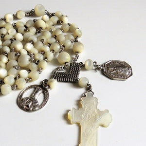 Antique French Mother of Pearl Rosary: Silver Heart, Hand-Carved Crucifix