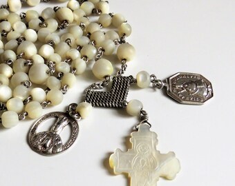 アンティークフランス製マザーオブパールシルバーロザリオ：天使の