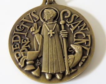 Vintage French Large St Benedict Bronze Medal Pendant, St Benoit Medal
