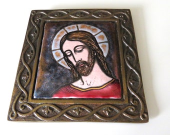 Vintage French Bronze And Enamel Plaque Of Christ Dominique Piechaud, Dominic Piechaud Bronze Plaque