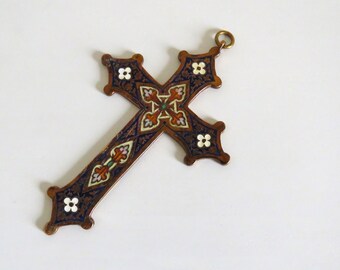 Vintage French Enamel And Brass Cloisonné Pectoral Cross, Clergy Enamel Cross