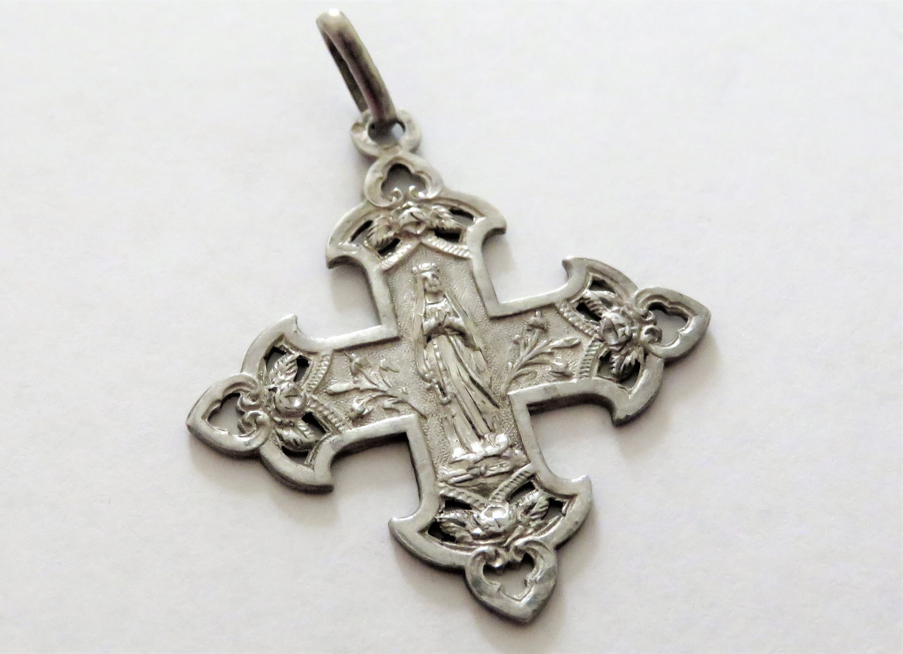 Antique Français Médaille Pendentif en Argent Mary Queen Of Heaven