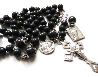 Antique French Bloodstone Chalcedony Rosary, Antique Jasper Rosary, Antique French Silver Rosary