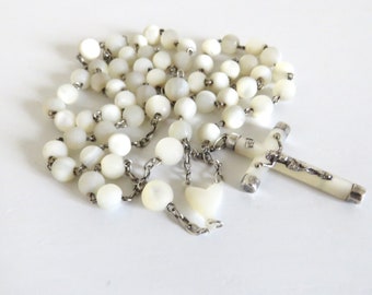 Antique French Mother Of Pearl Rosary 65cm, Antique French Rosary, Silver Rosary, First Communion Rosary