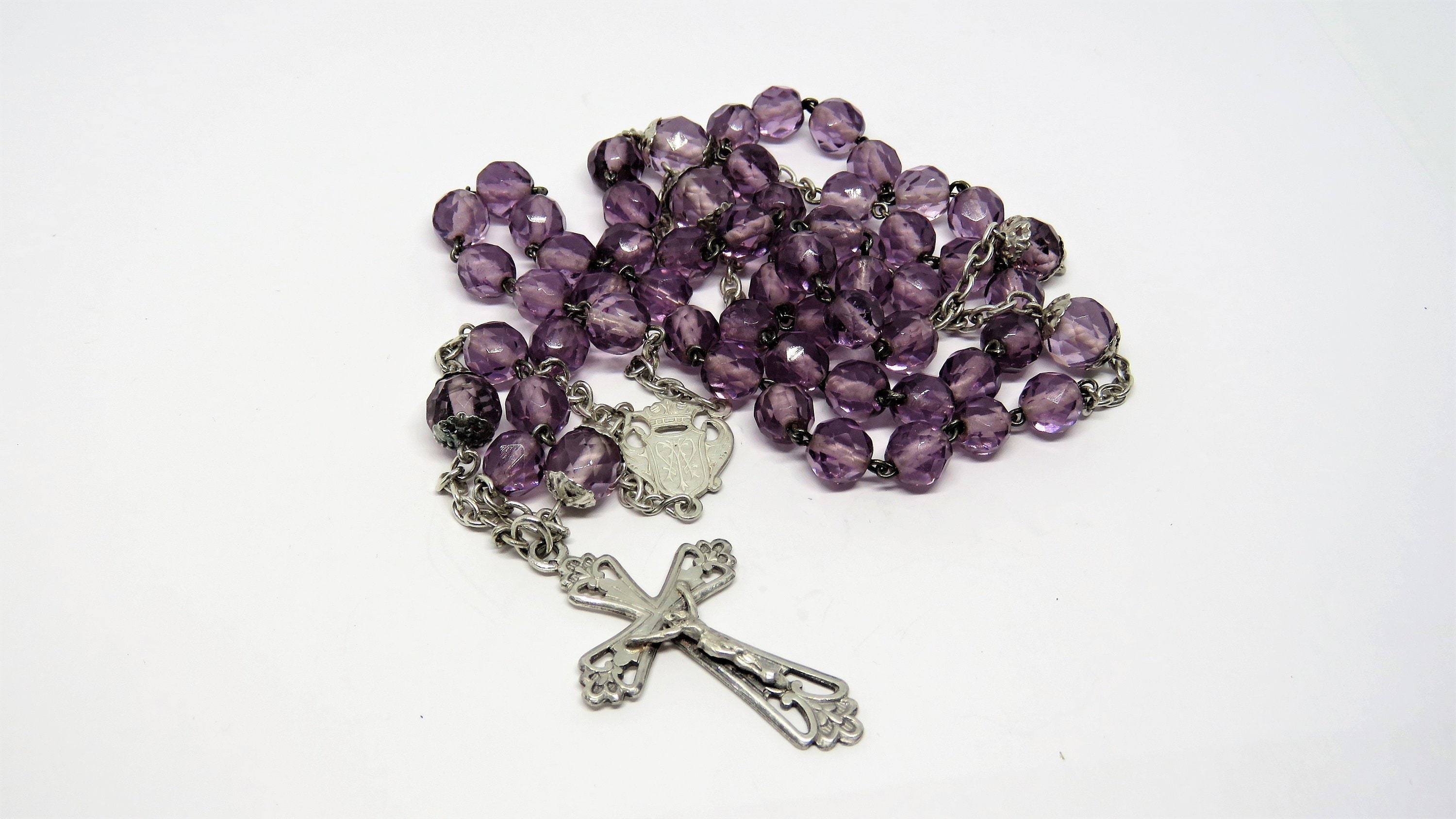 Rosaire Français, Rosaire d'argent, Violet, Violet, de Cristal, Art Nouveau, Français Chapelet