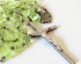 Antique French Uranium Glass Silver Rosary, Vaseline Glass Rosary