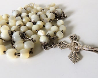 Antique French Mother Of Pearl and Hallmarked Silver, Long Rosary, Wedding Rosary
