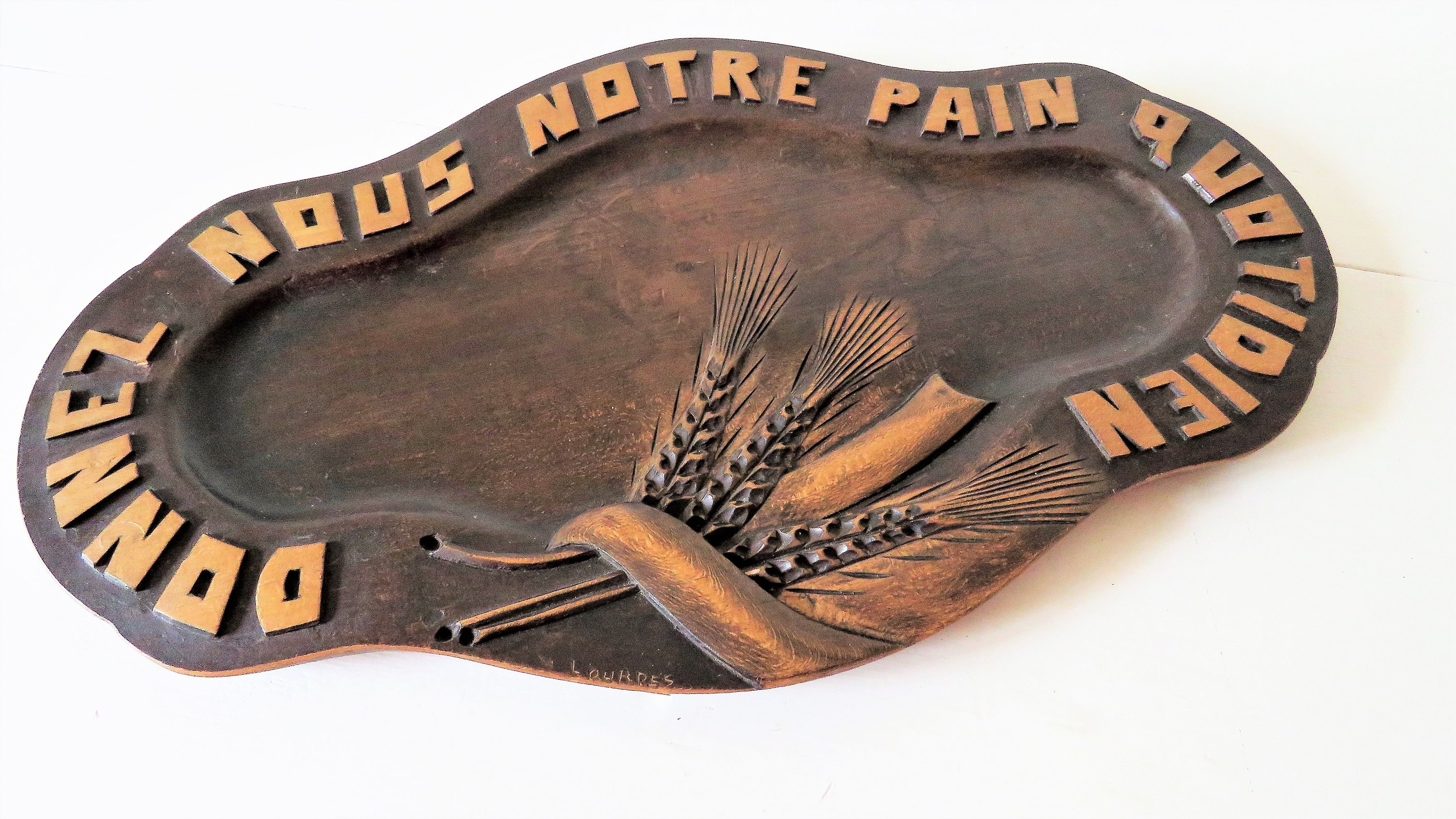 Antique Français en Bois Seigneurs Plaque de Prière Lourdes