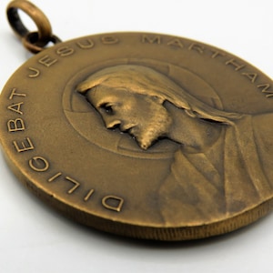 Medalla de bronce de Santa Marta francesa antigua, Medalla de bronce francesa antigua de tres cartas, Medalla de tres cartas 1920, Medalla de Santa Marta antigua, Regalo religioso