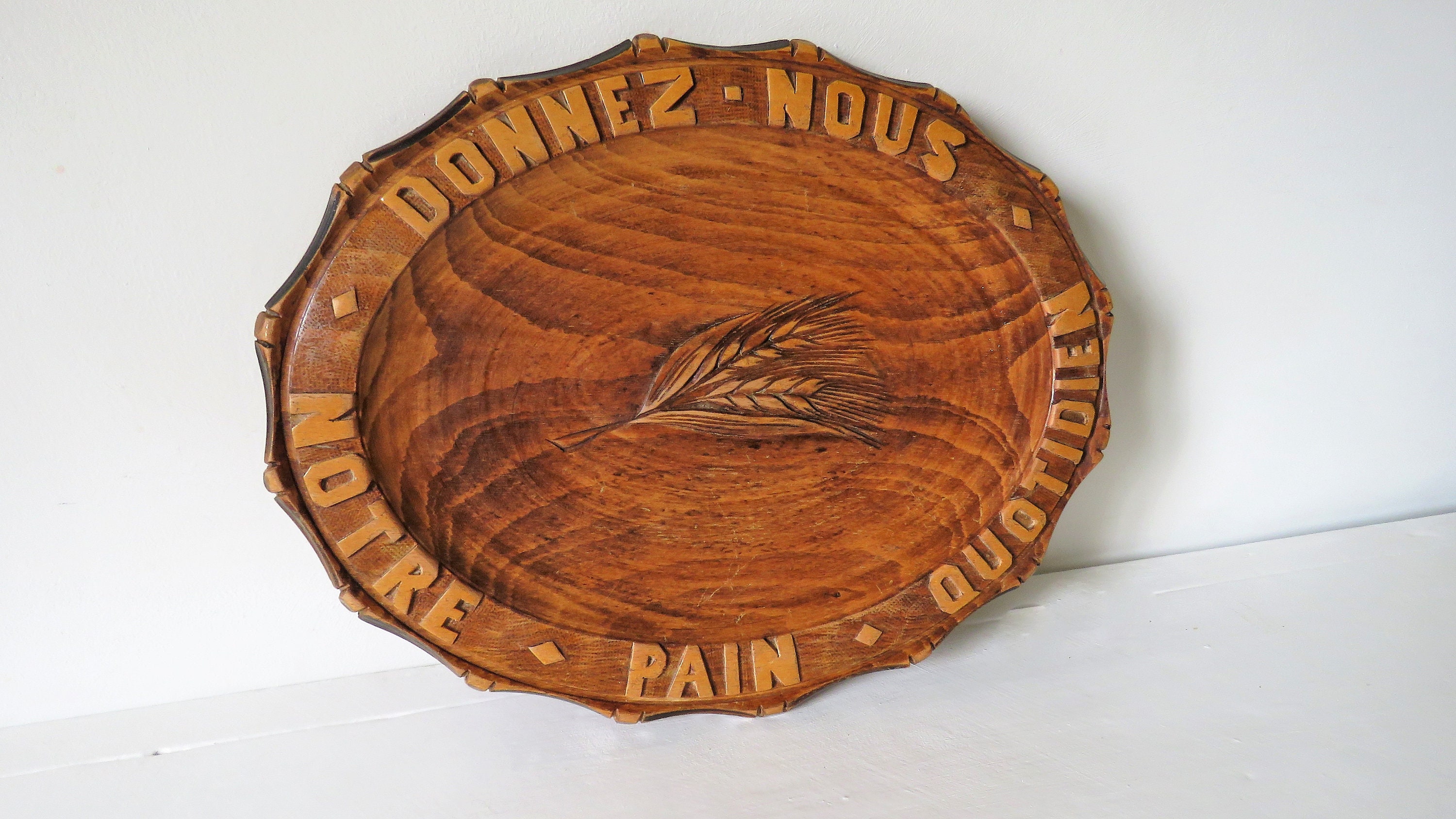 Assiette en Bois Antique Français, Assiette de Prière Des Seigneurs, Religieuse, à Pain Quotidienne